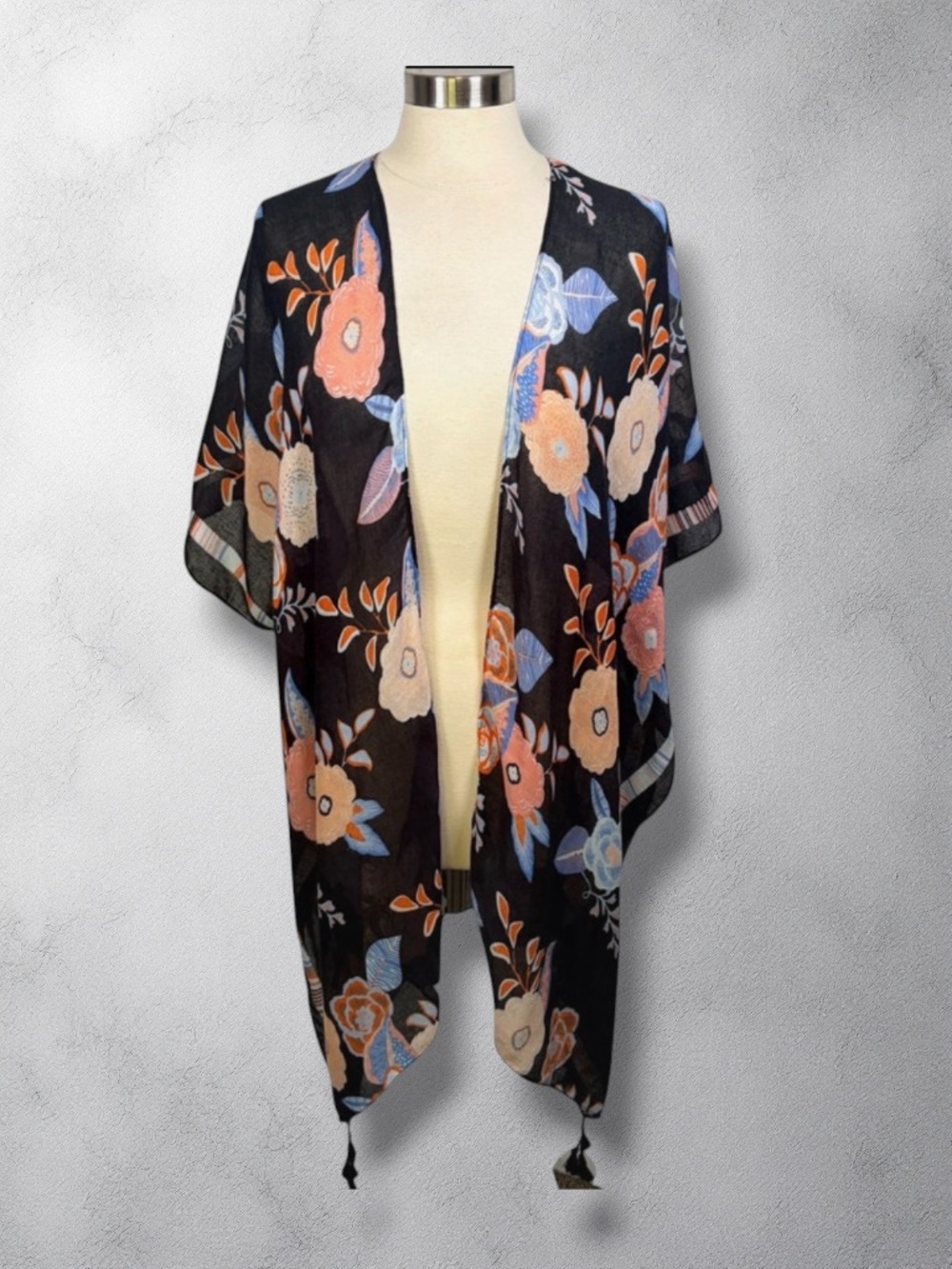 WOVEN HEART Pastel Pink & Blue Floral Black Kimono with Tassels, O/S - Picture 1 of 9